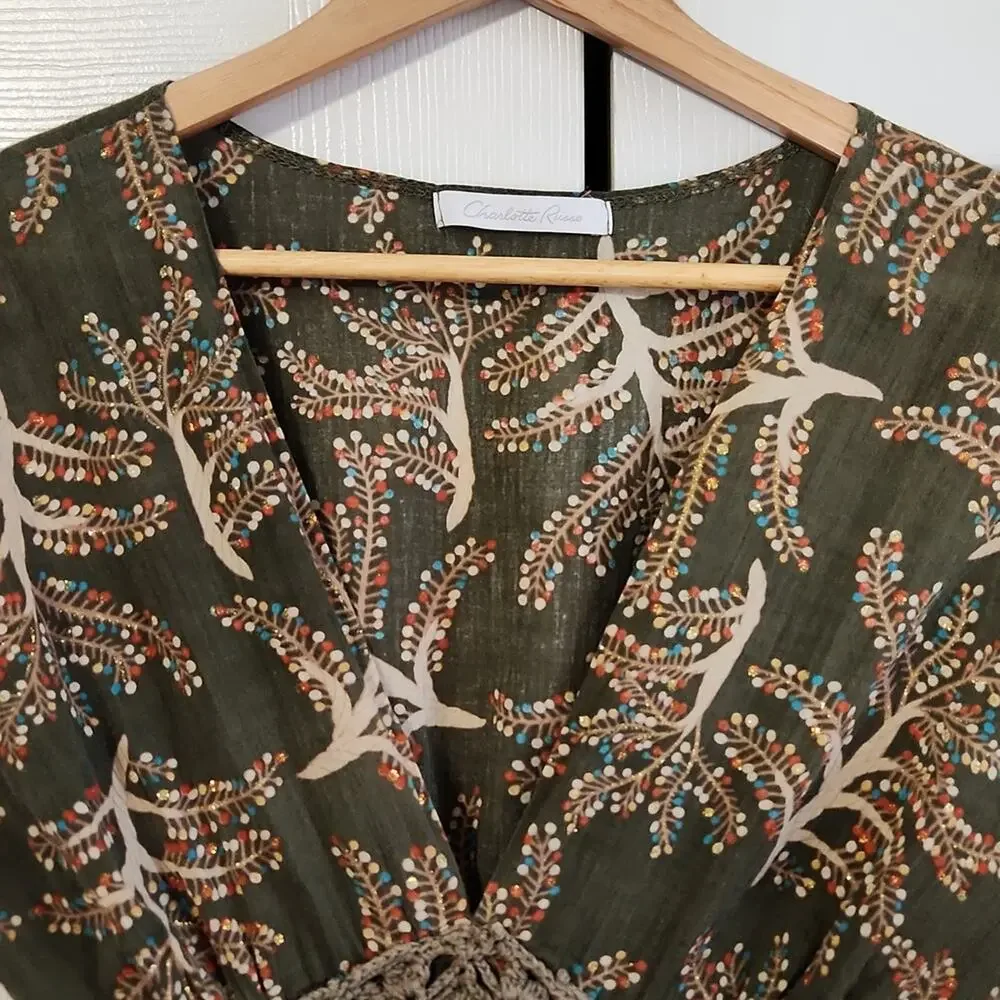 Vintage Charlotte Russe‎ Women's Green Babydoll Top Size Med Crochet Glitter Y2K